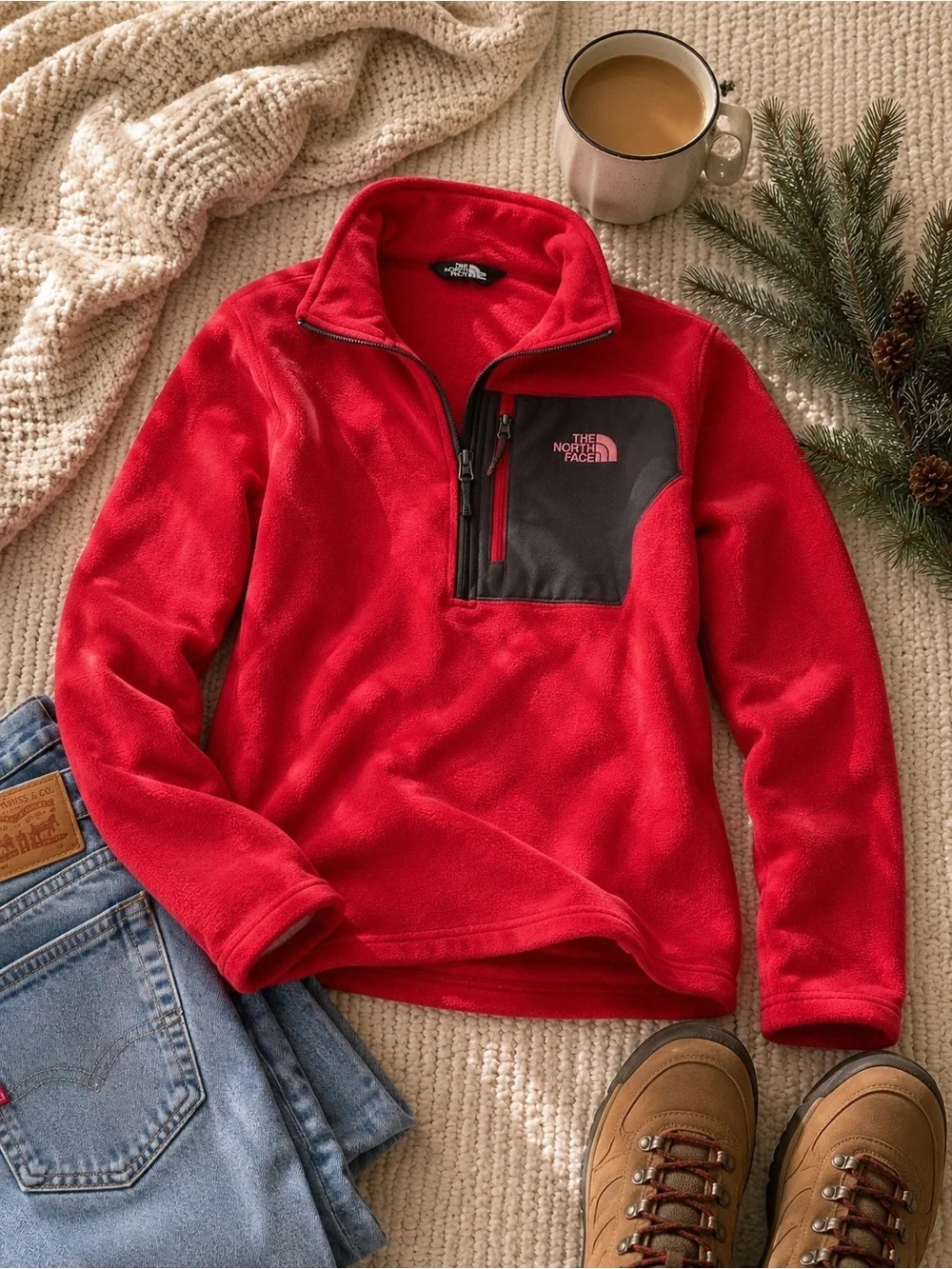 The North Face Red Fleece Quarter-Zip Pullover with Dark Trim